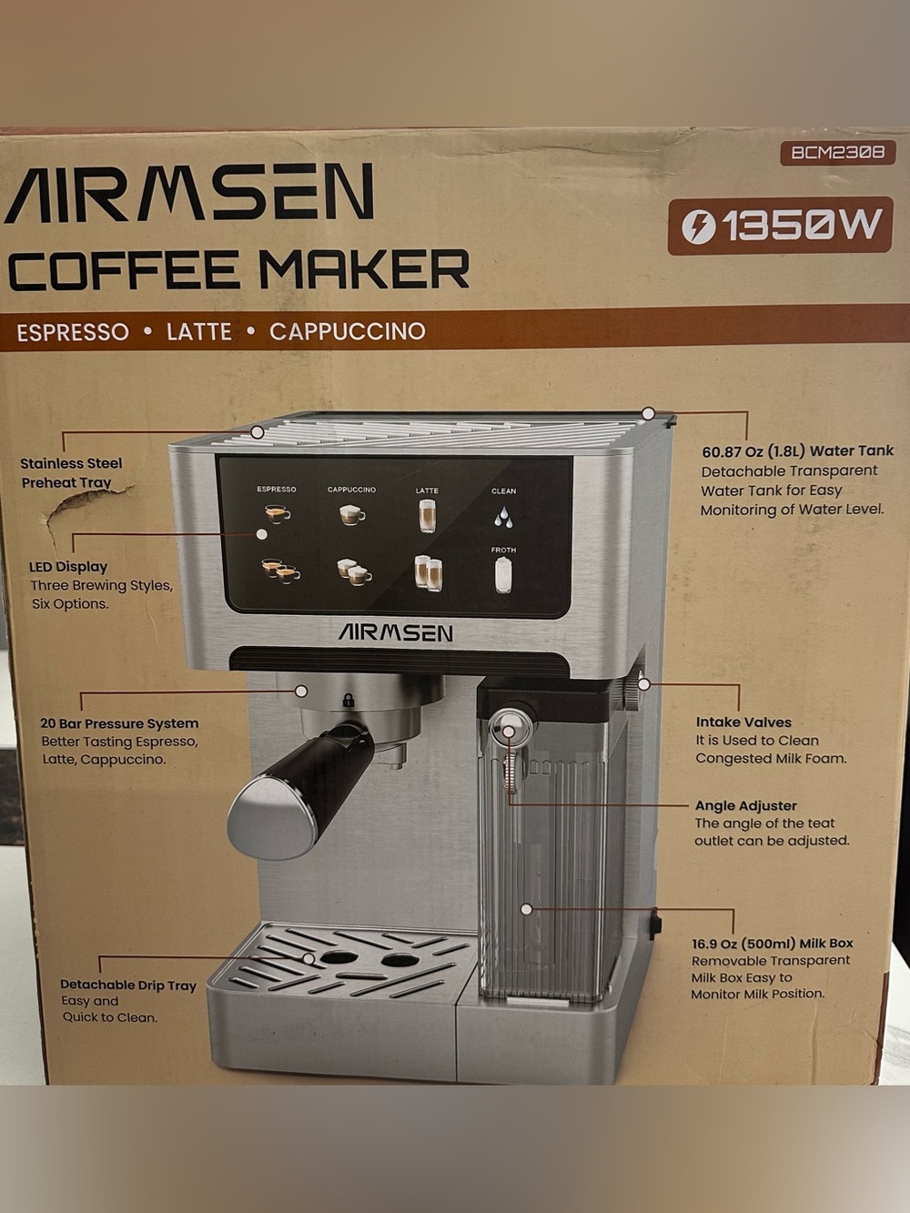 AIRMSEN Espresso Machine with Color Touchscreen, 20 Bar Cappuccino Latte Machine